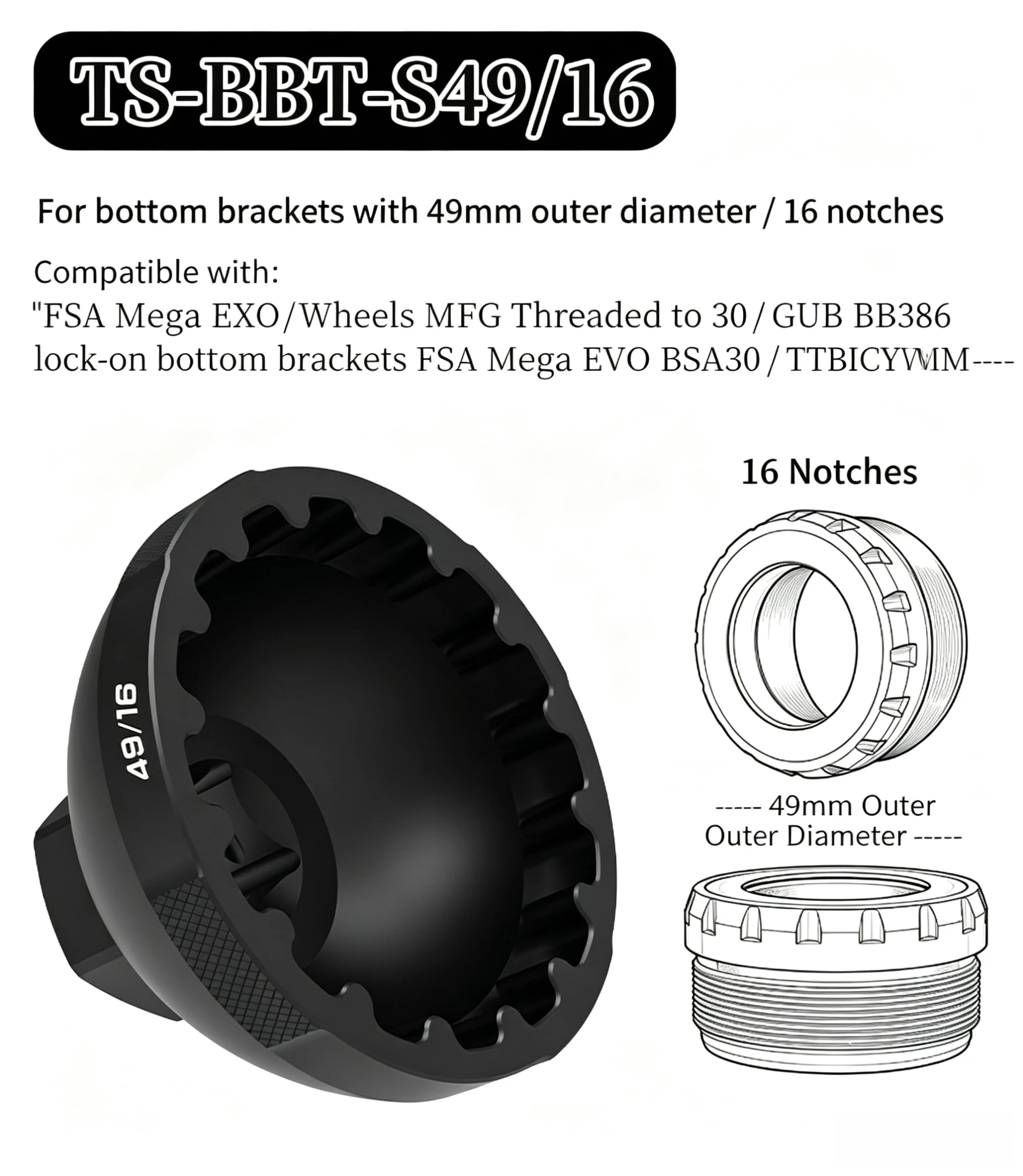 Fahrrad-Innenlager-Werkzeug 48/50/52/53mm 12/16 Notch Rutschfest Passend für SRAM DUB Praxis Colnago Winspace Tripeak T47 BB30 BB386 7075 Al