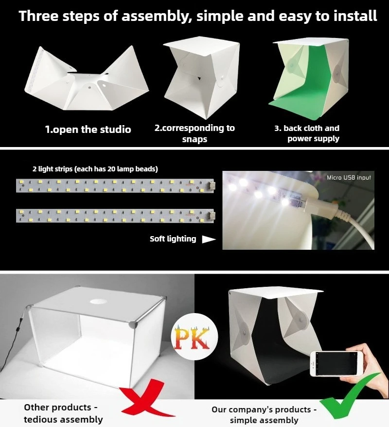 Foldable Photo Booth Softbox Light Box Mini Photo Studio Box with Light Strip 22*23*24cmBackdrop Booth 2-6 Color Optional