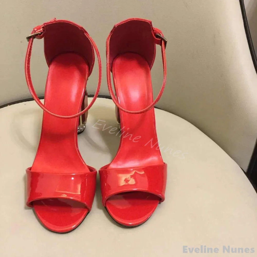 Rood Lakleer Edelsteen Strass Sandalen Vrouwen Bling Bling Enkelbandje Open Teen Dikke Hak Mode Zomer Feest Sandalen