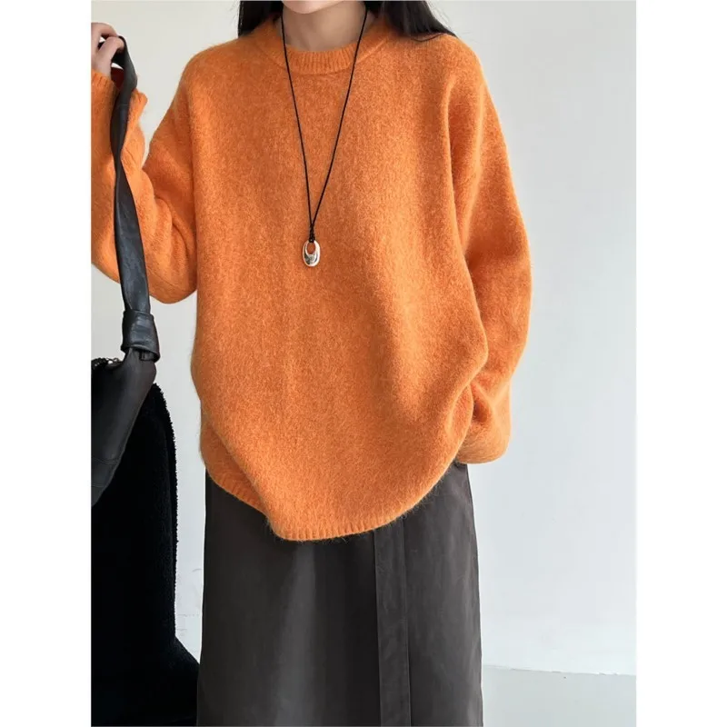 

Johnature Korean-style Thickened Round-neck Sweater For Women Autumn Winter Casual Simple Loose Soft Pullover Knit Sweaters