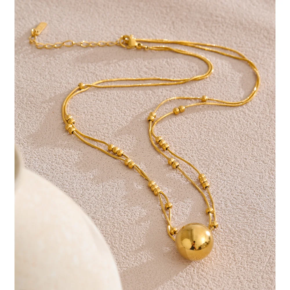 Yhpup-Cadena de doble capa de acero inoxidable, colgante redondo apilable, Collar resistente al agua chapado en oro y platino de 16K, joyería