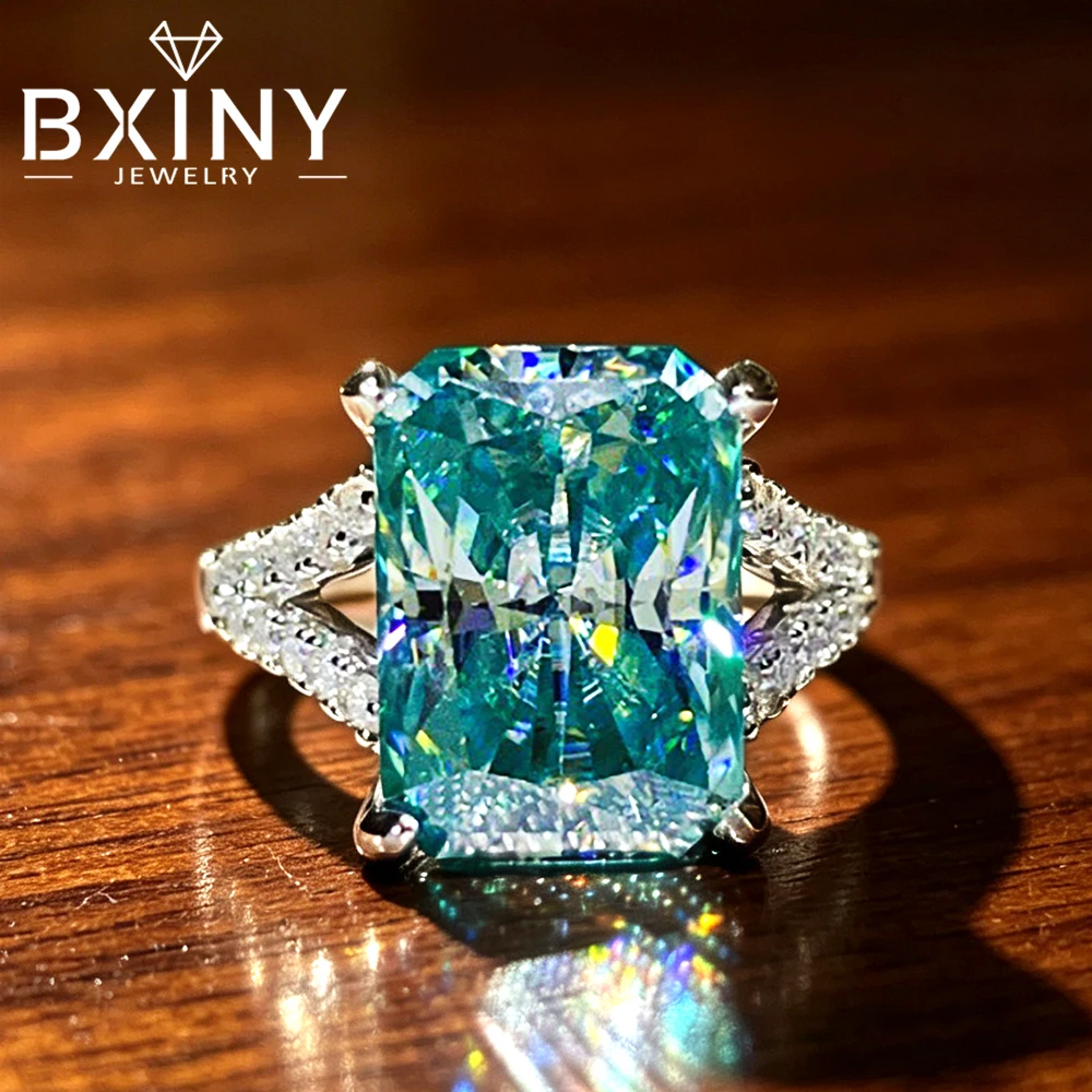 BXINY Luxus-Ringe mit 10 Karat, aquablauem Moissanit im Radiant-Schliff, 925er Sterlingsilber, Pavé-Besatz, Diamantband mit geteiltem Schaft, für Damen und Herren, Schmuck