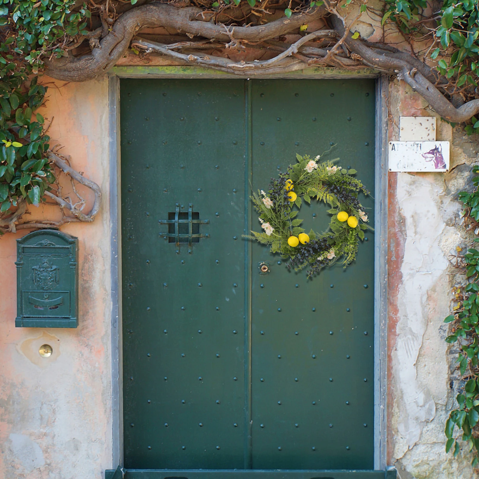 

Blueberry Lemon Spring Summer Flower Wreath Realistic Artificial Decoration for Front Door Porch Home Door Wreaths