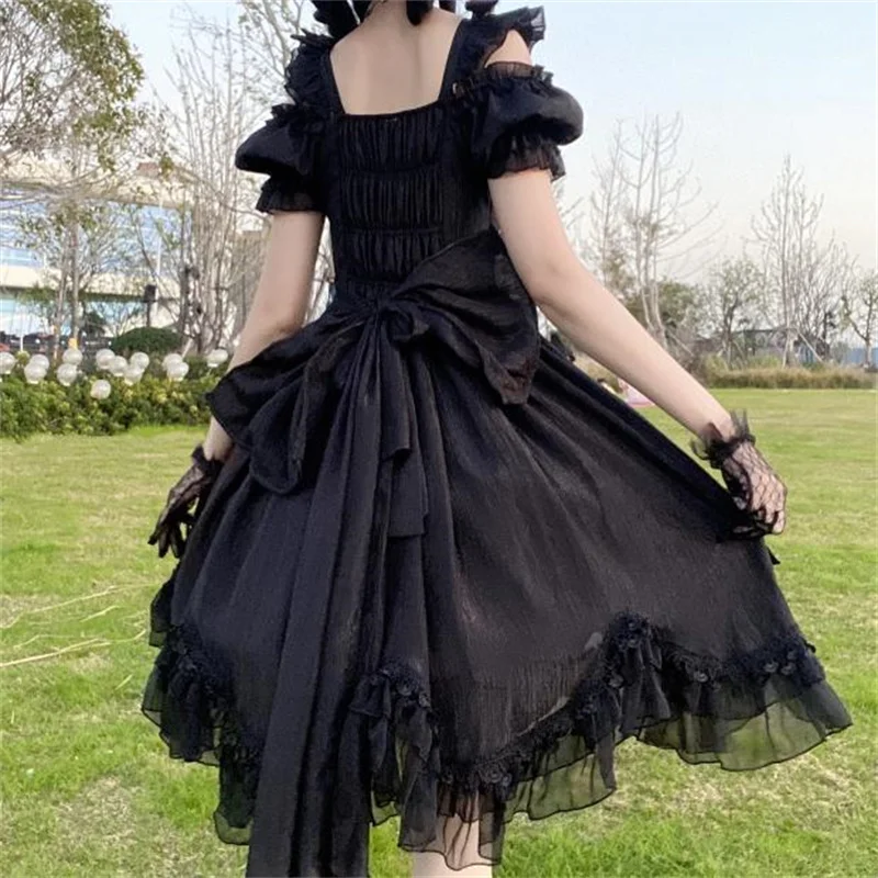 Japanese Soft Girl Lolita Retro Soft Skirt High Waisted Spice Show Thin JSK Strappy Dress with Bow