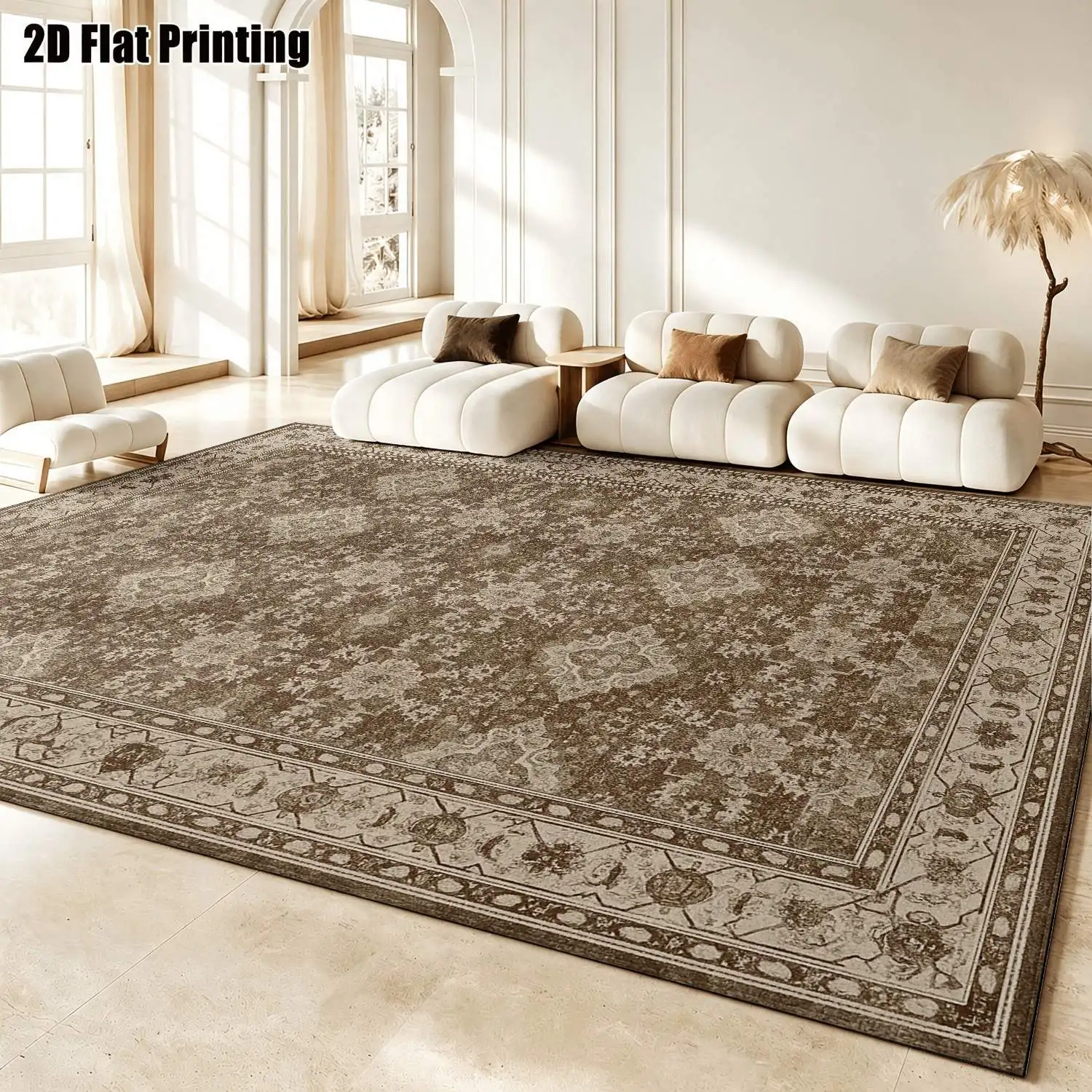 1Pc 2D Printed Brown-Beige Retro Pattern Carpet European/Retro/Geometric/Bohemian Style, Home Decor, Multi-Size, Machine Washable, for Living Room, Bedroom, Dining Room, Entrance, Study.