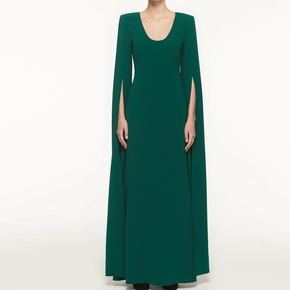 

Customized Temperament Pleat Draped Crew Neck Floor Length Evening Dress A-Line Jersey Long Sleeves Sweep Train платье вечернее