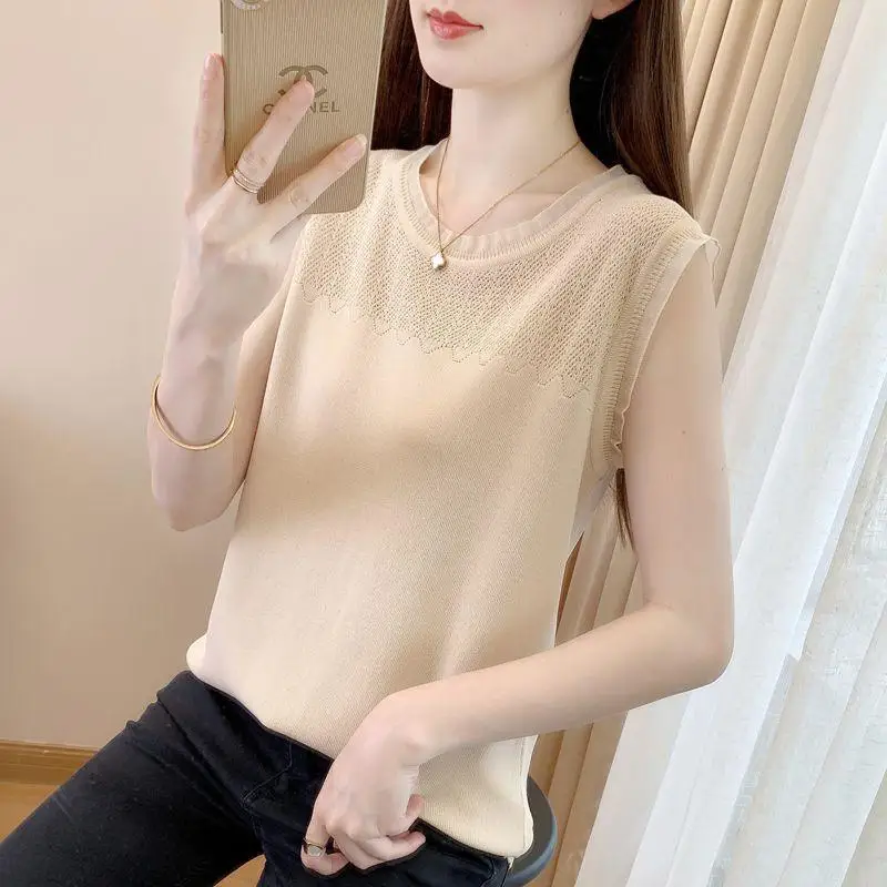 Women's Slimming Cooling Sleeveless Top Loose Fit Icy Silk Trimming Knit Camisole Versatile Summer Fashion Layering Vest