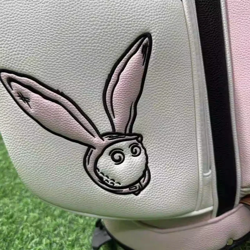 Malbon Rabbit Embroidery Golf Stand Bag, Pink White Golf Bag with Bracket, Waterproof Golf Club Carrier for Golf Course