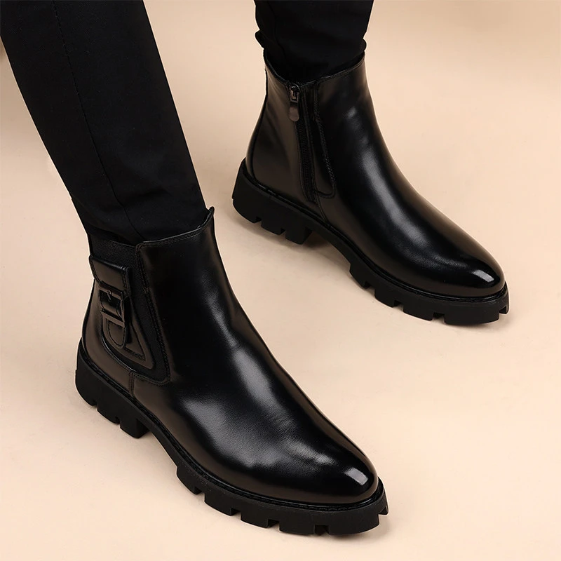 men fashion stage nightclub chelsea boots slip-on natural leather shoes cowboy platform boot spring autumn cool ankle botas mans