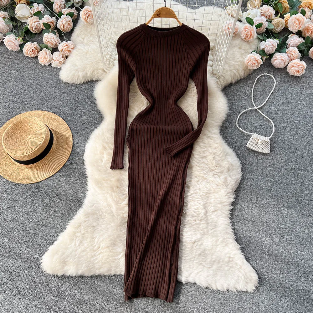 Long Sleeved Round Neck Sexy Dress for Women, Cinched Tight Temperament, Hip Hugging Skirt, Base Long Skirt, Autumn, New, 2024