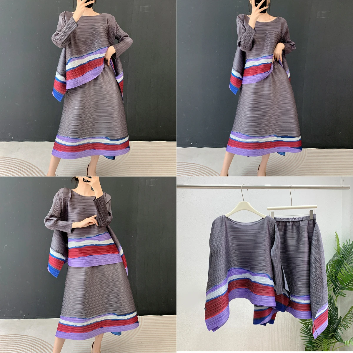 

Miyake Pleated 2025 New Autumn Grey Suit Women Two-piece High-class Sense of Fashion Printing Loose Top with Half-body Skirt