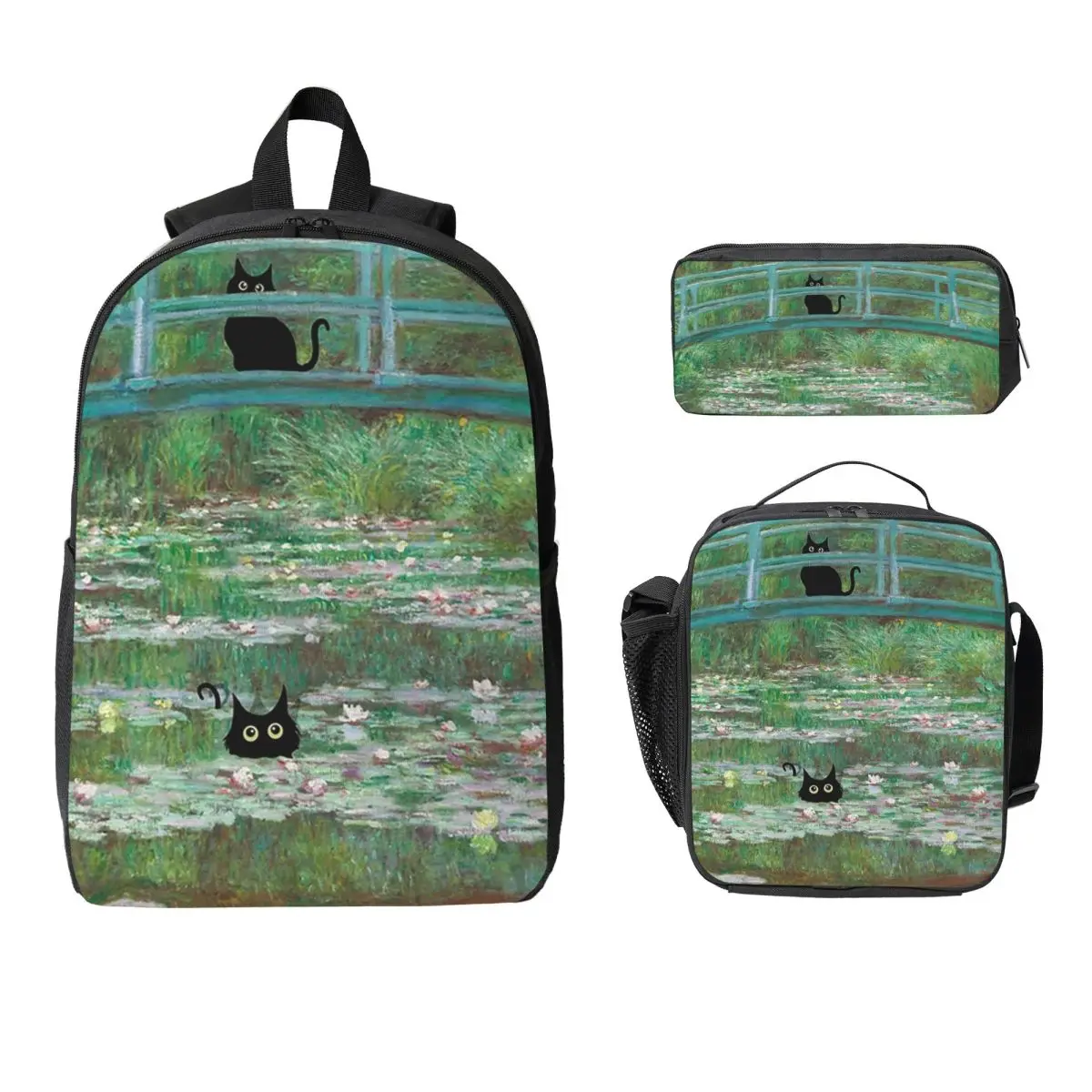 Kitten Water Lily Pond Bridge Backpack Boys Girls BookBag School Bag Computer Shoulder Bags 3ps Insulated Lunch Bag Pencil Case
