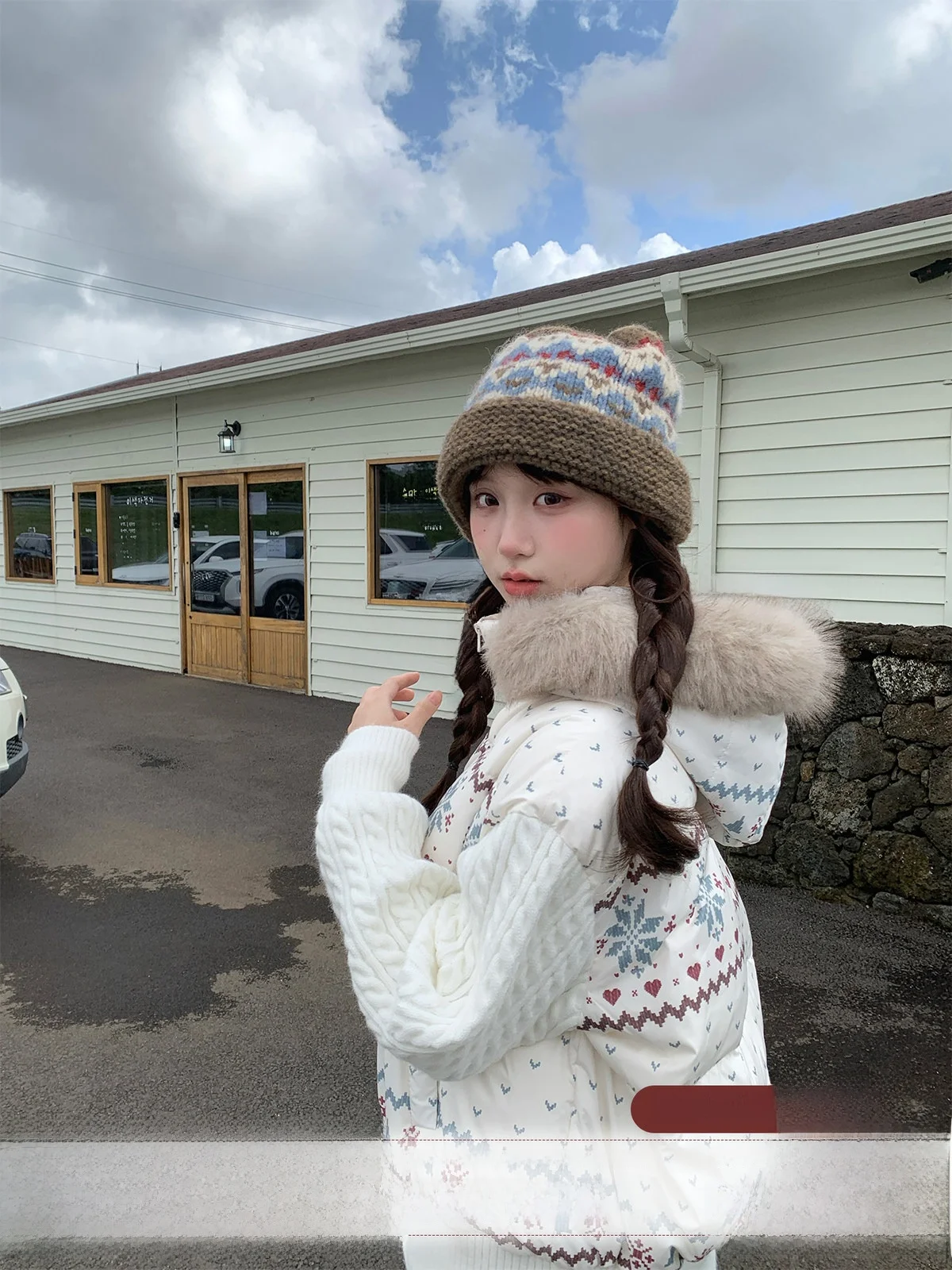 

MUCHA Wood Tea Retro Knitted Patchwork down Jaet Women's ort Coat Fair Isle Print Warm Sli Polyester Filling Zipper C...