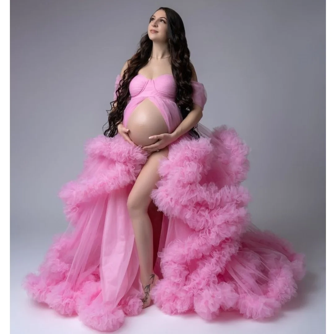 

Pink Prom Dresses Tulle Layers Maternity Dress Customized Off the Shoulder vestido de novia Long Photography Props