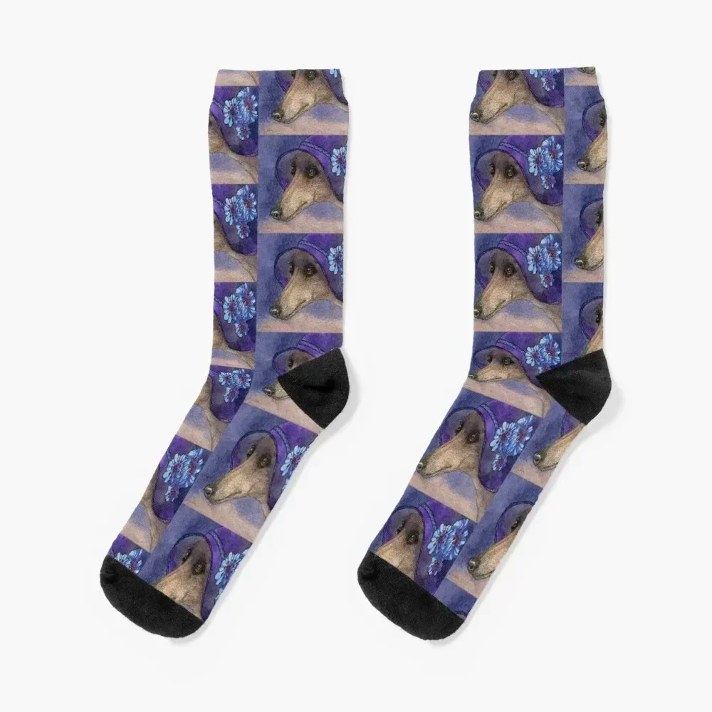 Whippet of Mystery, Greyhound dog in fabulous hat with blue flowers Socks Novelties sports stockings Socks For Women Men's