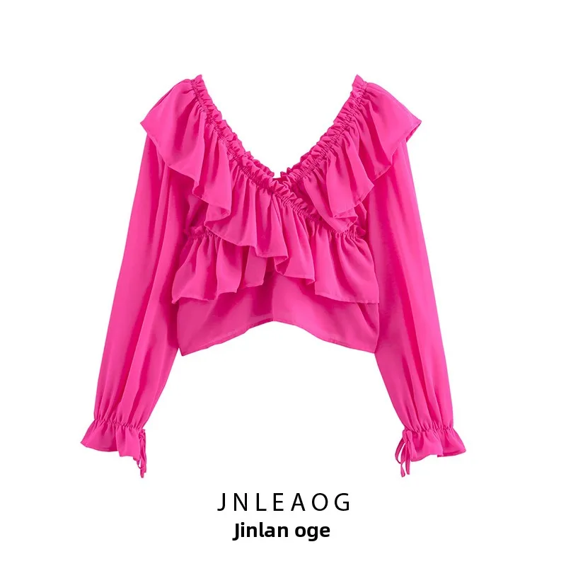JNLEAOG Femmes Faionable Vêtements bidirectionnels Haut superposés à volants Automne Nouveau Sle Européen Sle Slim Fit Polyester Long Sve V-...