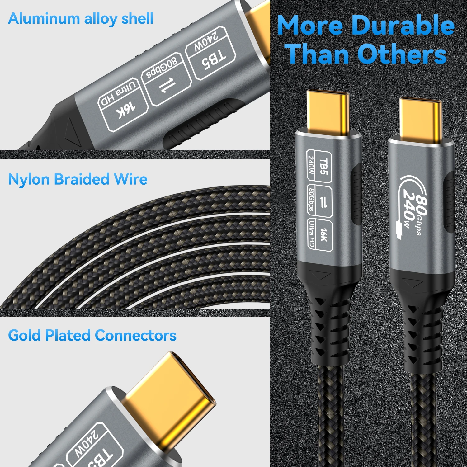 CableDeconn USB 4.0-Verlängerung Thunderbolt 5 80 Gbit/s USB C 240 W 16 K Schnelllade-Videokabel Schnelle Datenspeicherung für USB-C-Monitor