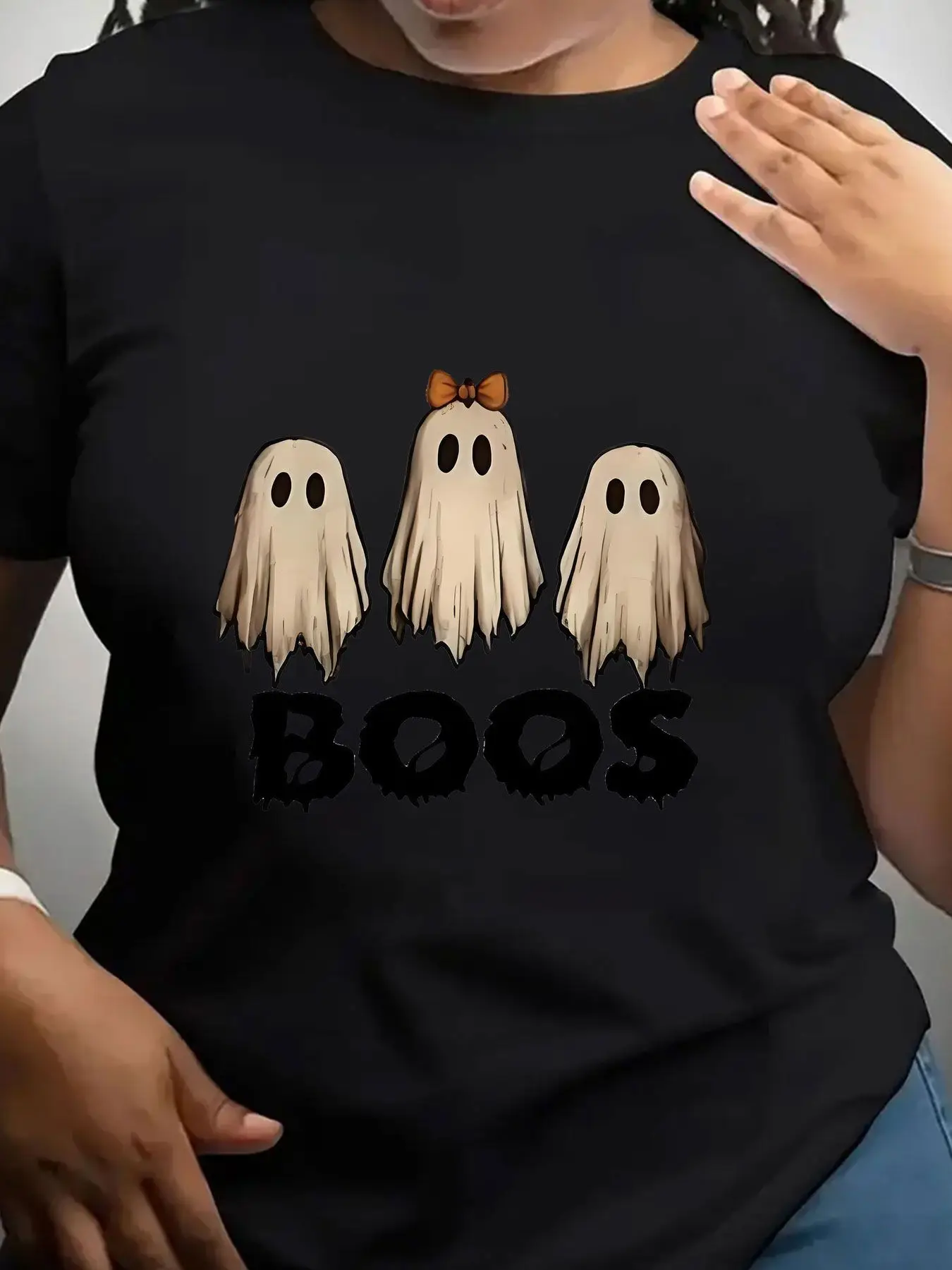 Women's Trendy Crew Neck T-Shirt Three Cute Ghosts with Boos Text Suitable for Casual Sportswear