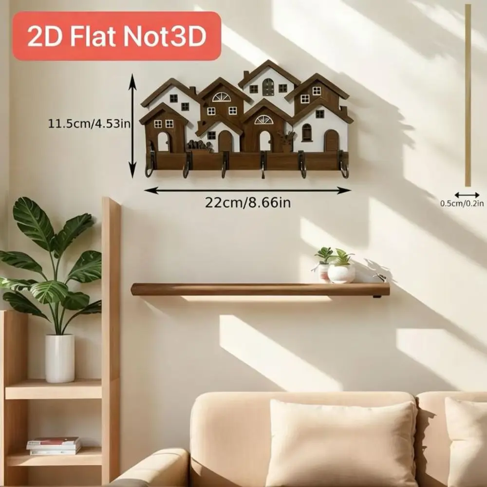 New Wood Wooden Key Holder Colorful House Shape House Key Holder Wall Mounted 2D Flat Decorative Key Hanger Living Room Decor