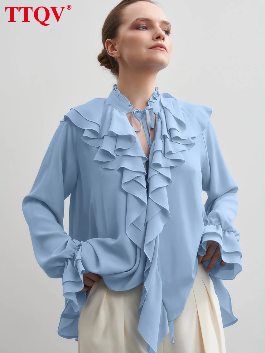 

TTQV Fashion Loose Blue Women's Shirt Autumn Stand Collar Long Sleeve Lady Blouse Elegant Classic Ruffles Top Female Clothing