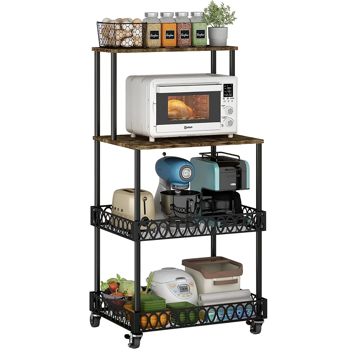 

4 Tier Kitchen Baking Rack, Vertical Microwave Rack, Kitchen & Dining Room Storage Rack On Wheels, 4 Tier Kitchen Bread Rack,