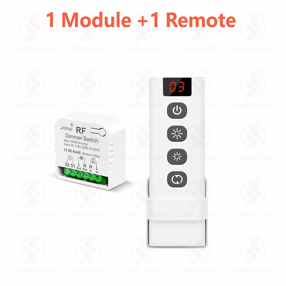 433 MHz kabelloser Dimmer-Lichtschalter, AC 110 V, 220 V, 230 V, dimmbares Schaltermodul, 5-in-1-Fernbedienung, für 10–150 W LED-Lampe, Halogen-Dimmung