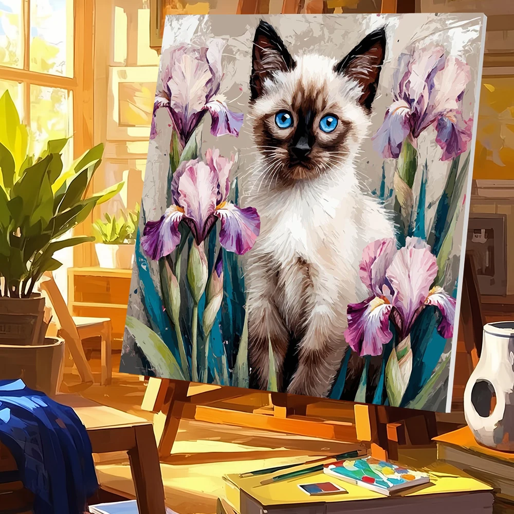 Huacan DIY Digitales Ölgemälde Katze DIY-Set für Erwachsene Malen nach Zahlen Blumen Kätzchen Tier Wanddekoration Wohnzimmer Geschenk