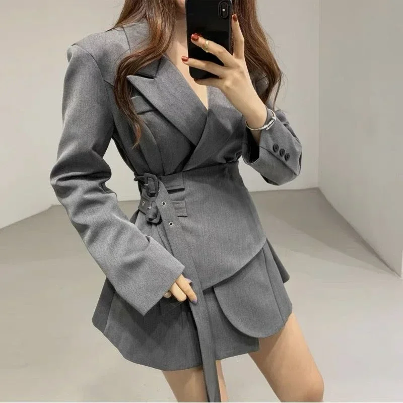 Spring Autumn Suit Dress Solid Color Irregular Bandage Fake Two Piece Dresses Design Chic Elegant Female Slim Women\'s Clothing