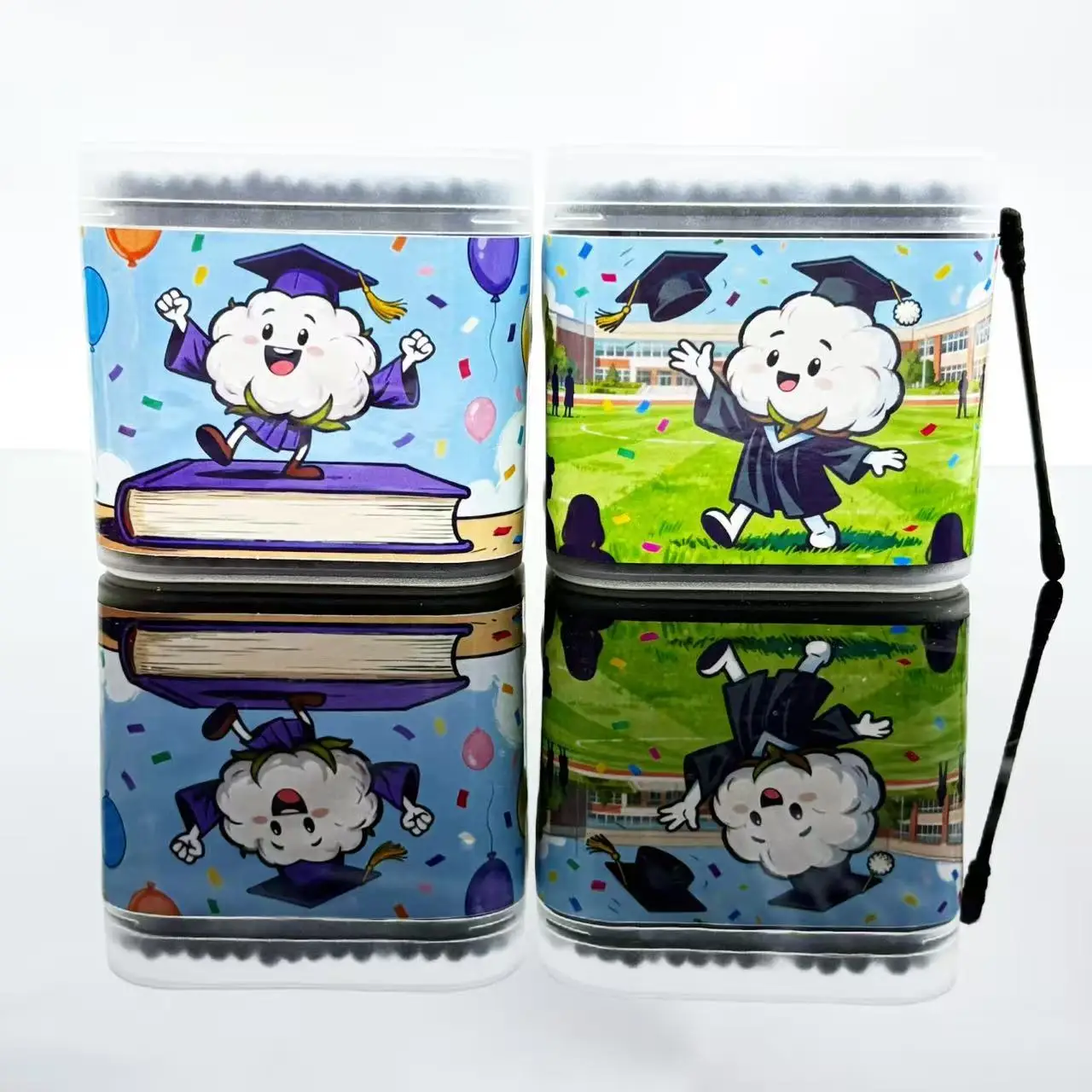 400 uds/600 Uds. Hisopos de algodón negros de doble punta con temática de graduación, elemento de temporada de graduación redondo en espiral creativo, palos de hisopo de algodón