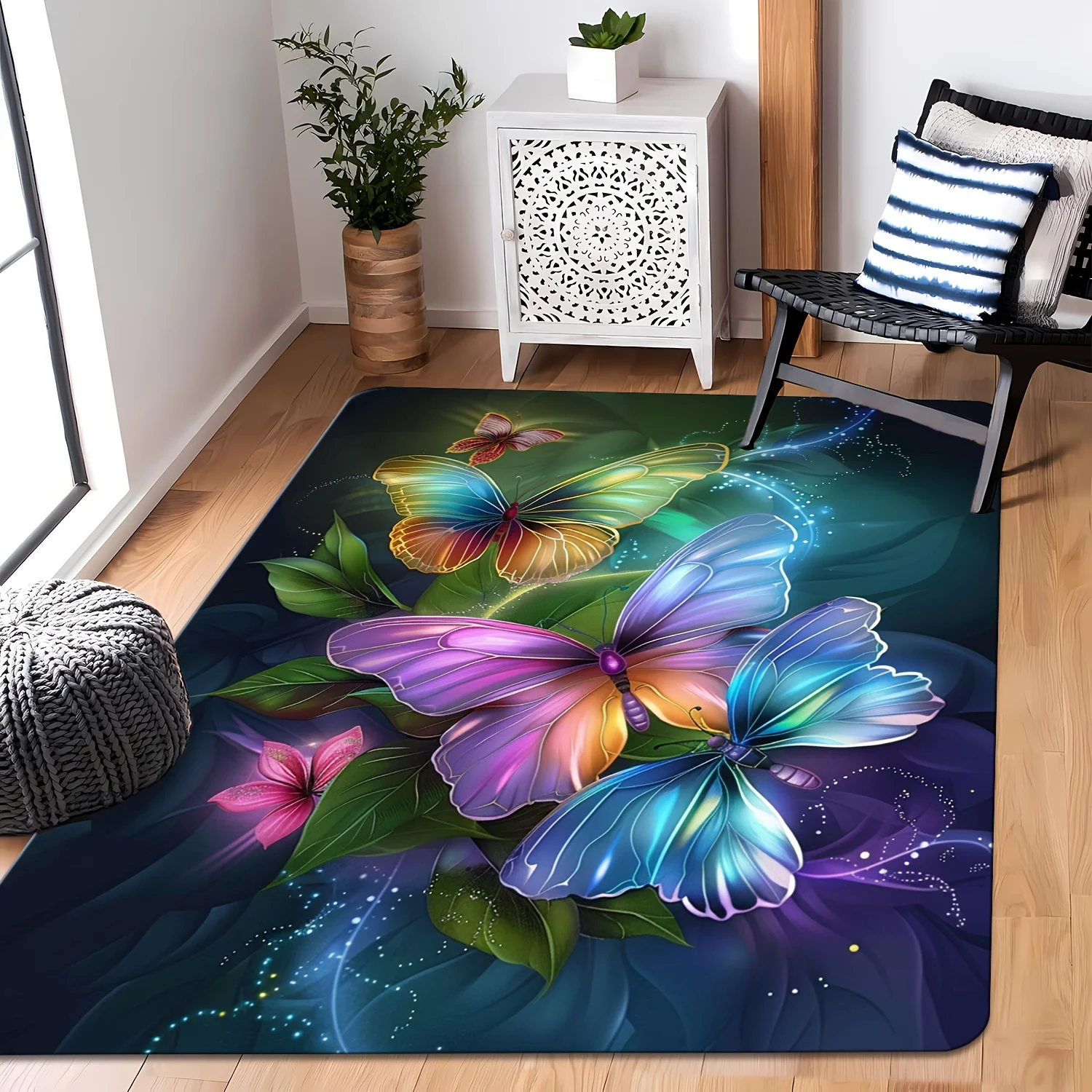 1pc Bohemian Tribal Suitable for /Outdoor Use - Soft Machine-Washable Rectangular Rug with Butterfly, Floor Mat Suitable for Liv