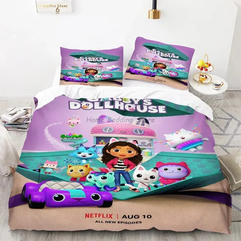 Cartoon Gabby Dollhouses Duvet Cover Set,Harajuku Gabby Dollhouse Bedding Set,Children Cartoon Pillowcase Kids Cute Bedding Set