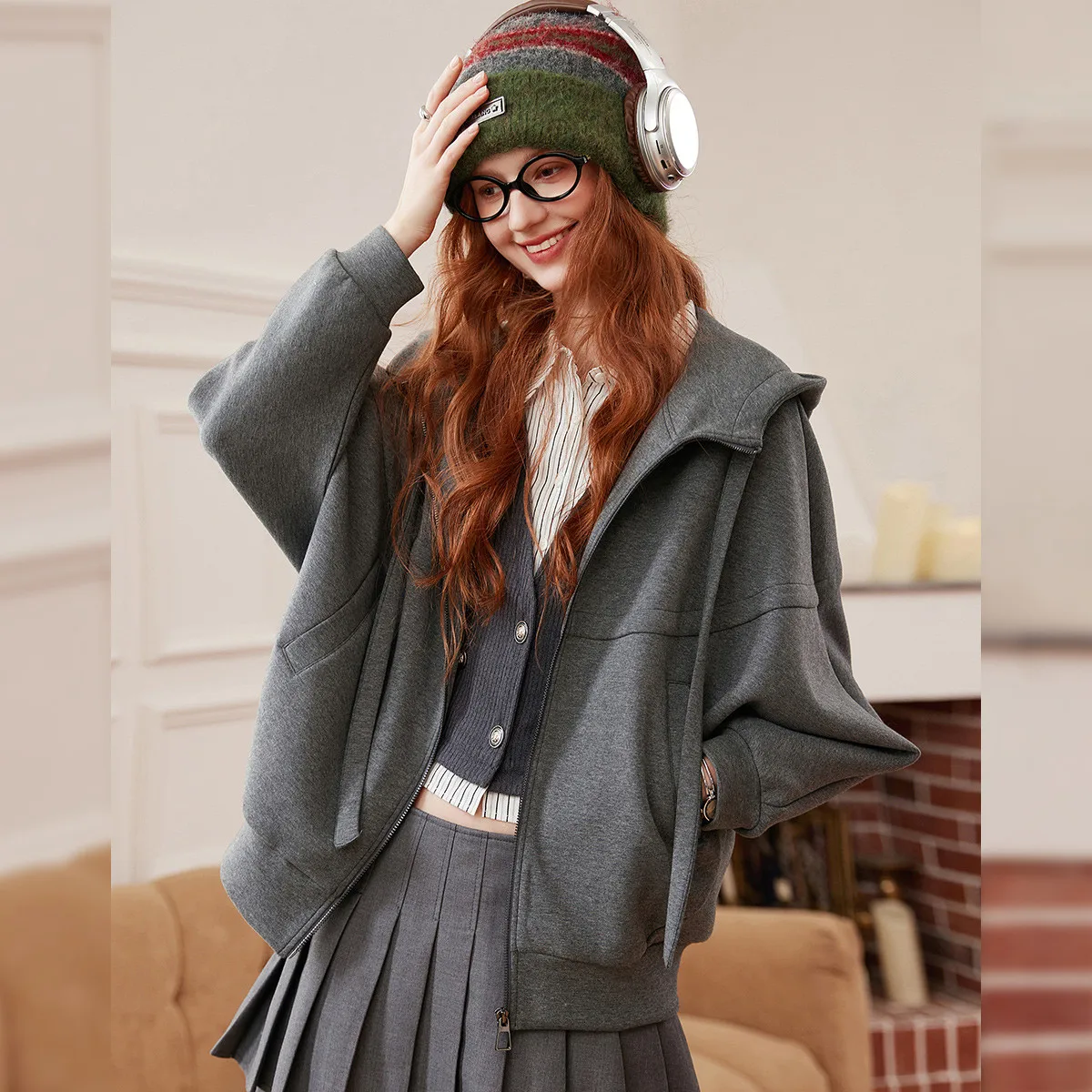 LOUIS YAO Casual Women's Hoodies 2026 Spring Premium Hooded Zip-up Coat  Dropped Shoulder Knitted Cardigan Top for Women