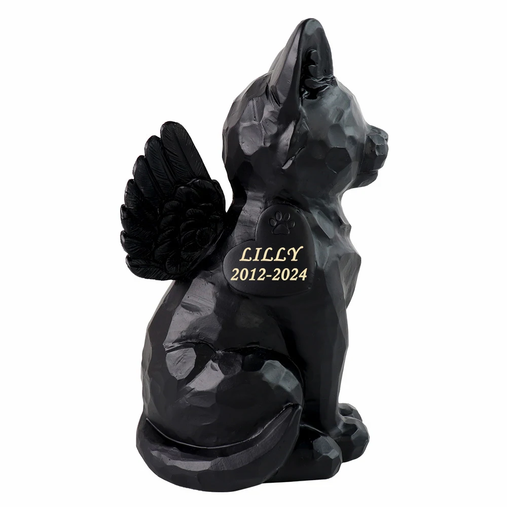 Personalized Black Cat Angel Memorial Garden Statue With Cat Cremation Urn Features- 7.4inch(H)