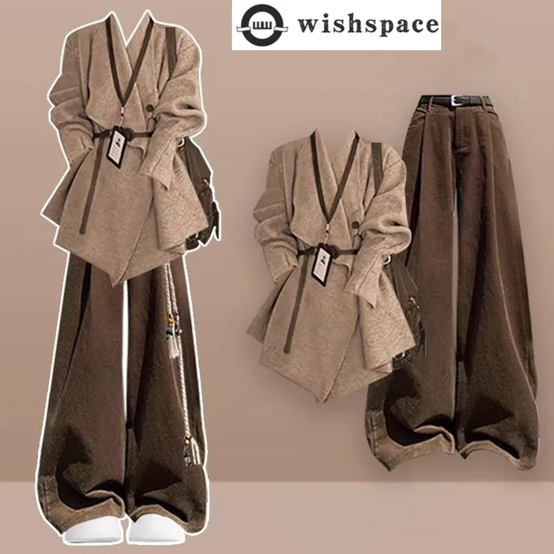 

Модный женский комплект, весенне-осенний корейский выпуск, трикотажная рубашка, топ + брюки в стиле ретро, комплект из двух предметов