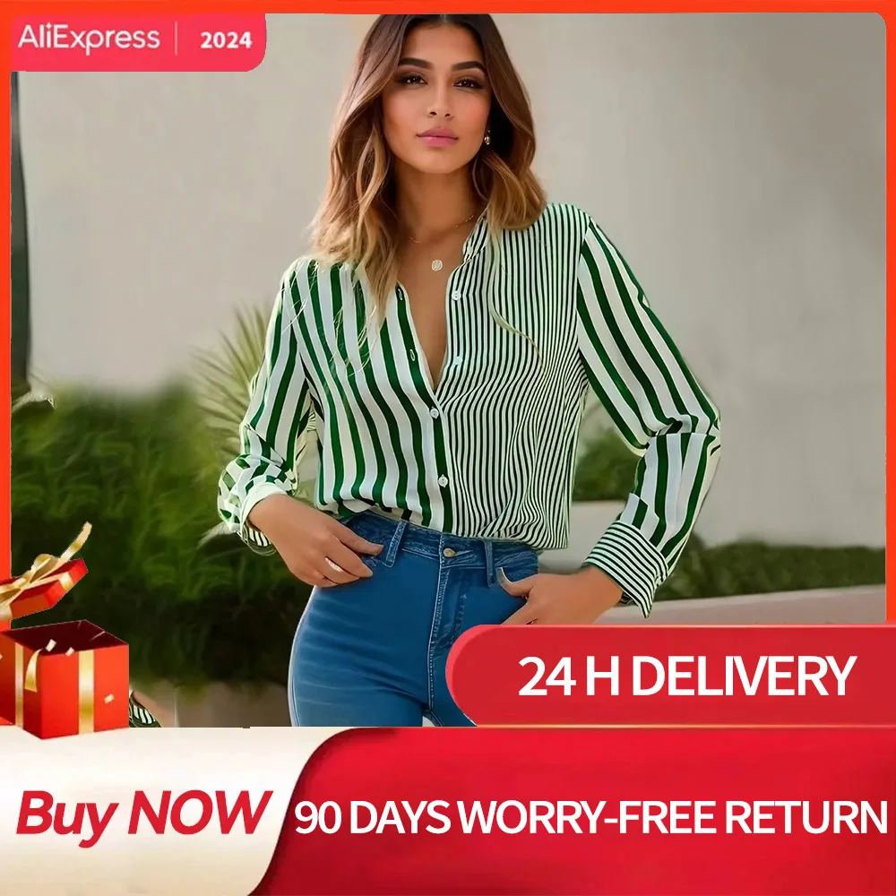 Fashion Women\'s Shirts & Blouses,Green Elegant Stripes Print Shirt,2024 Spring & Summer Plus Size Female Clothing Blouse Tops