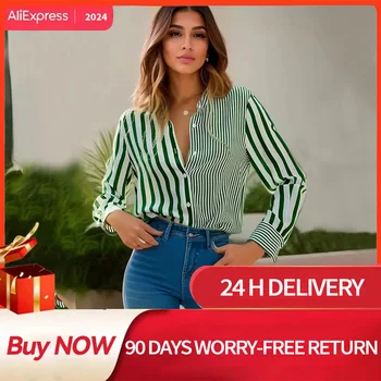 เสื้อเชิ้ตและเสื้อเบลาส์แฟชั่นสำหรับผู้หญิงเสื้อเชิ้ตลายทางพิมพ์ลายทางสีเขียวเสื้อผ้าผู้หญิงขนาดใหญ่พิเศษสำหรับ2024ฤดูใบไม้ผลิและฤดูร้อน