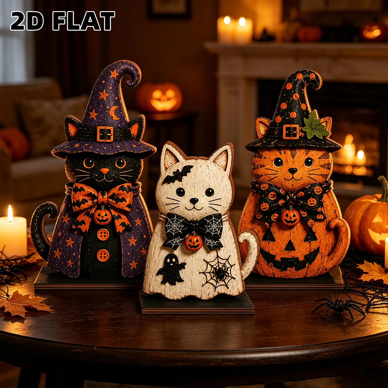 3PCS 2D Flat Wooden Cat Pumpkin Halloween Sign, Vintage Party Wall Decor, Christmas Holiday Gift, Home Office Tabletop Ornament