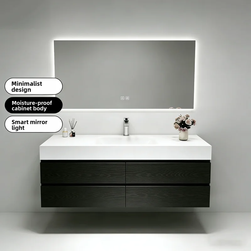 `Hot Bending Sintered Stone Vanity One-Piece Basin Minimalist Bathroom Cabinet Combo Hand Wash Face Sink Lavatory Furniture