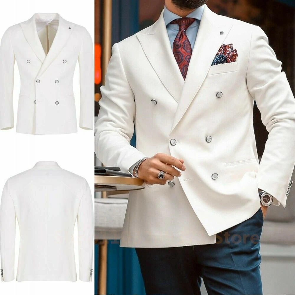 2024 Fashion Ivory New Men\'s Casual Boutique Slim Double Breasted Solid Color Business Wedding Suit Blazers Dress Jacket Coat