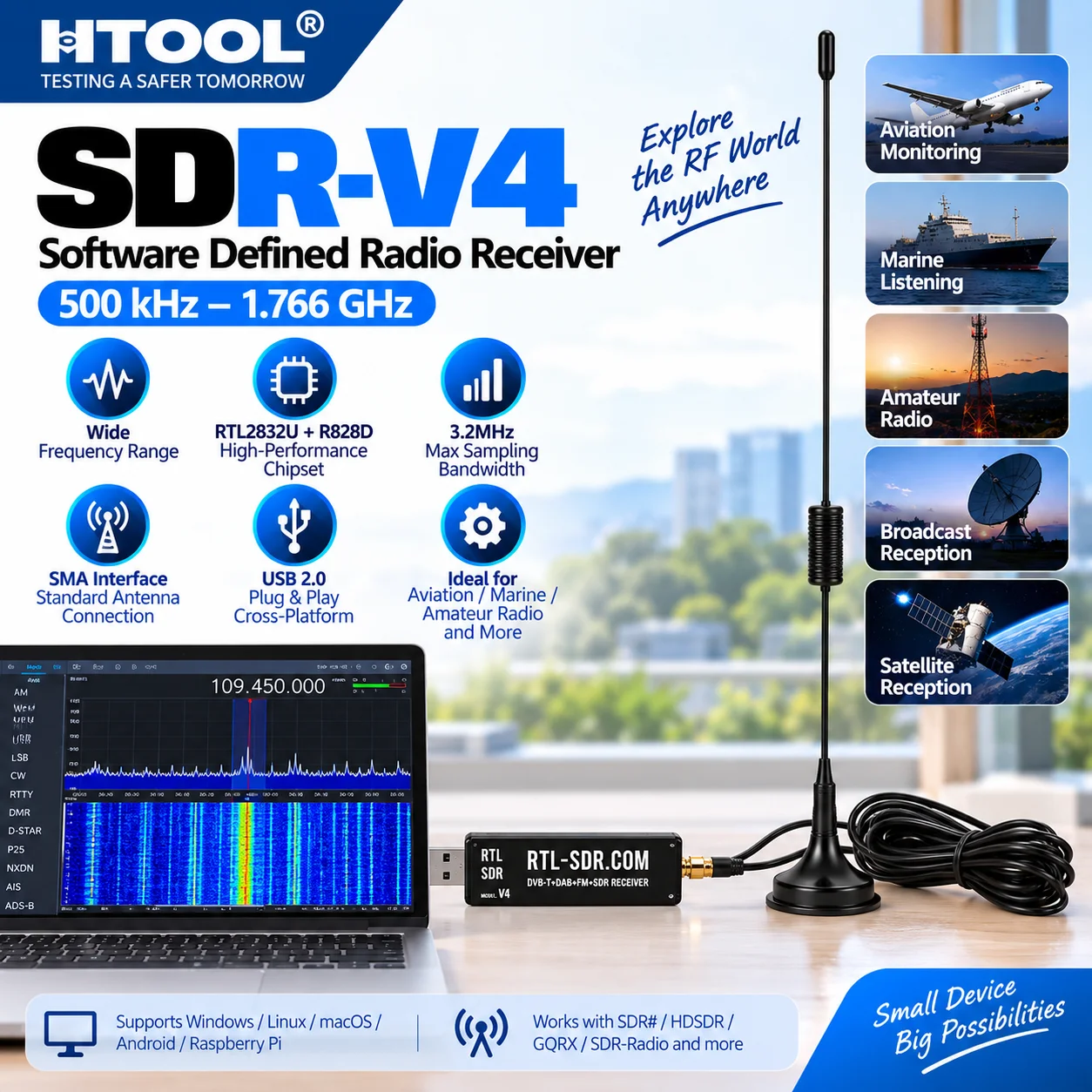 HTOOL SDR-V4 Software Defined Radio Receiver 500kHz-1.766GHz RTL2832U+R828D USB 2.0, Standalone or Dual Antenna Kit