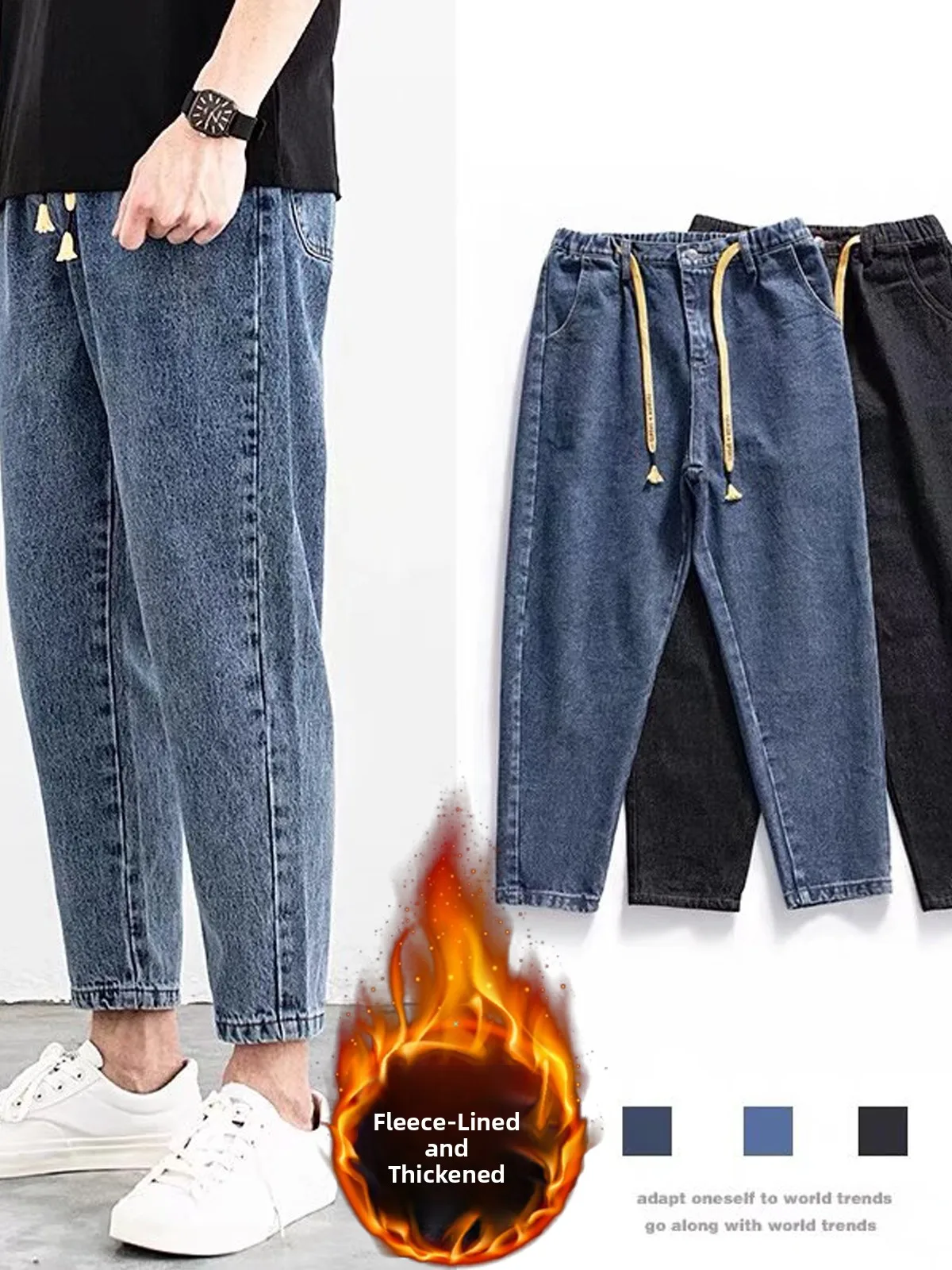 

Модные джинсы-карго с подкладкой для мужчин, свободные прямые брюки до щиколотки, корейские брюки-шаровары, осенне-зимние, эластичные...