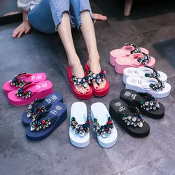 6cm High Heel Women's Beach Holiday Sandals, Rhinestone Wild Non-slip Women's Shoes Rhinestone Shoes Women  House Slippers