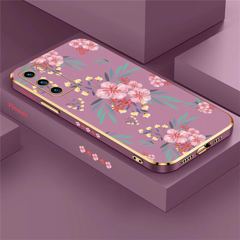 Flower Pattern Soft Case For Huawei P40 P20 P30 Pro Lite Silicone Square Plating Phone Cover Funda