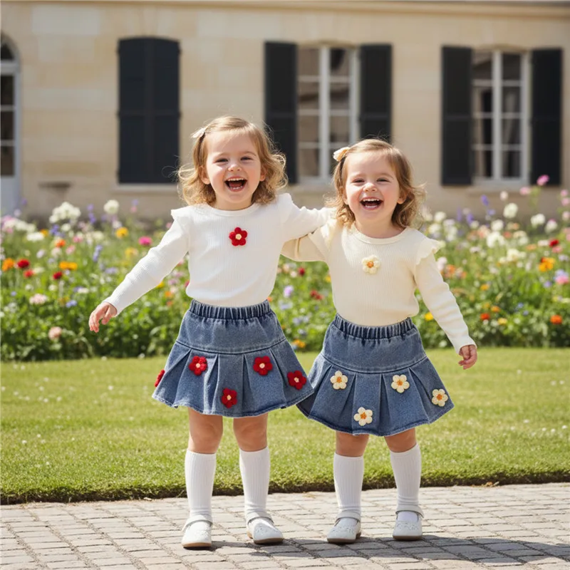1-4years Girl infant Spring autumn clothes set Flower Long Sleeves Tops Fish Tail Denim Skirt Outfit for toddler girls