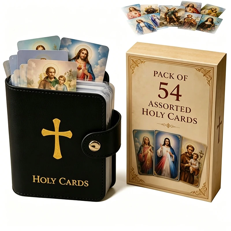 Catholic Holy Prayer Card Holder Genuine Faux Leather Snap Closure Pocket Organizer Storage Album For Church Worship Funeral