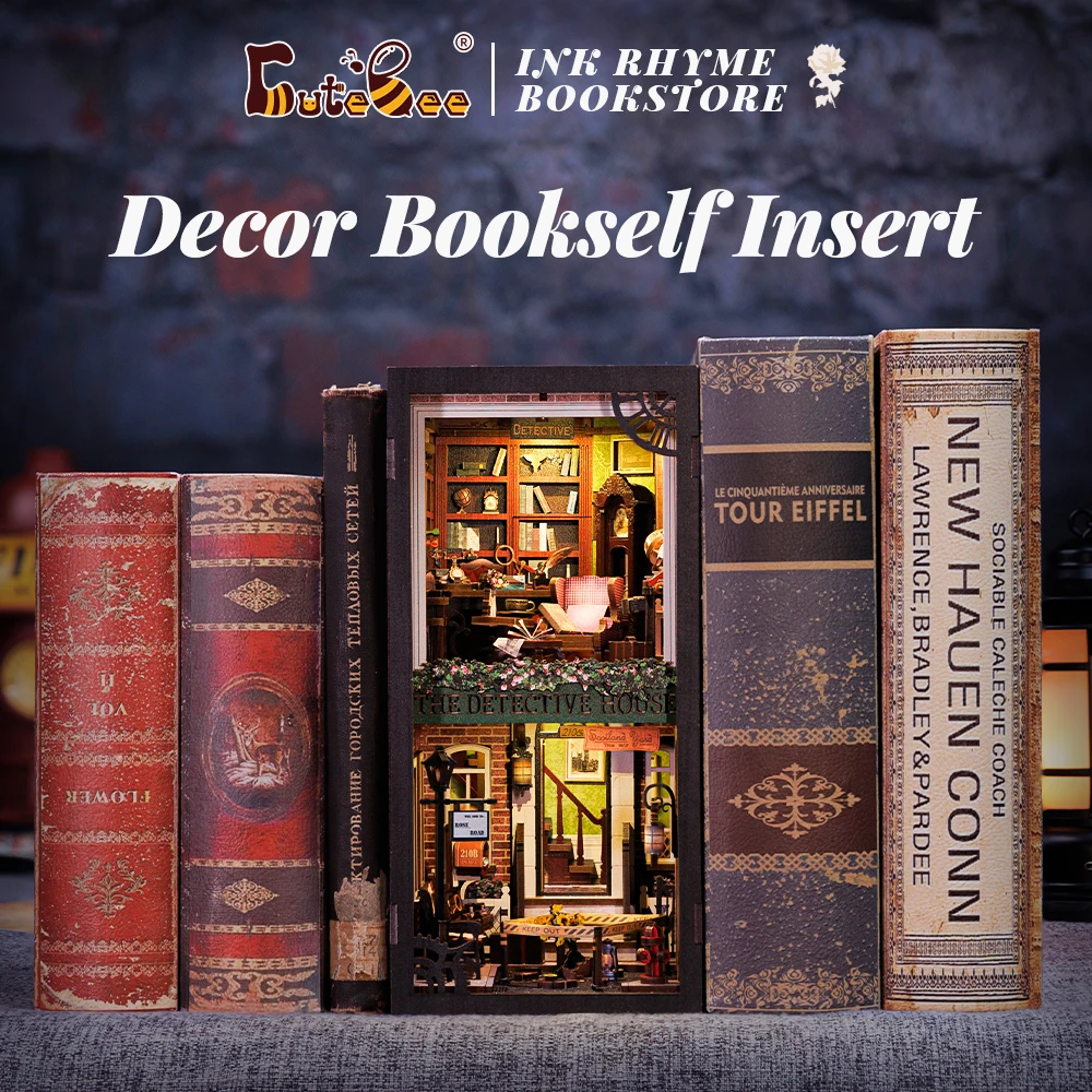 CUTEBEE DIY Book Nook Miniature Dollhouse Kit Bookshelf Insert with Touch Light Dust Cover 3D bookend Gift Rose Detective Agency