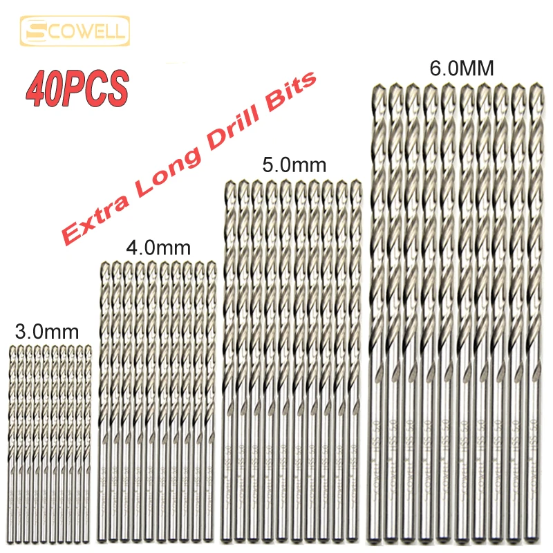 35% OFF FREE SHIPPING Mixed 40pcs HSS M2 Txtra Long Drill Twist drill bit set with 3mm,4mm,5mm,6mm drill bits for metal wood