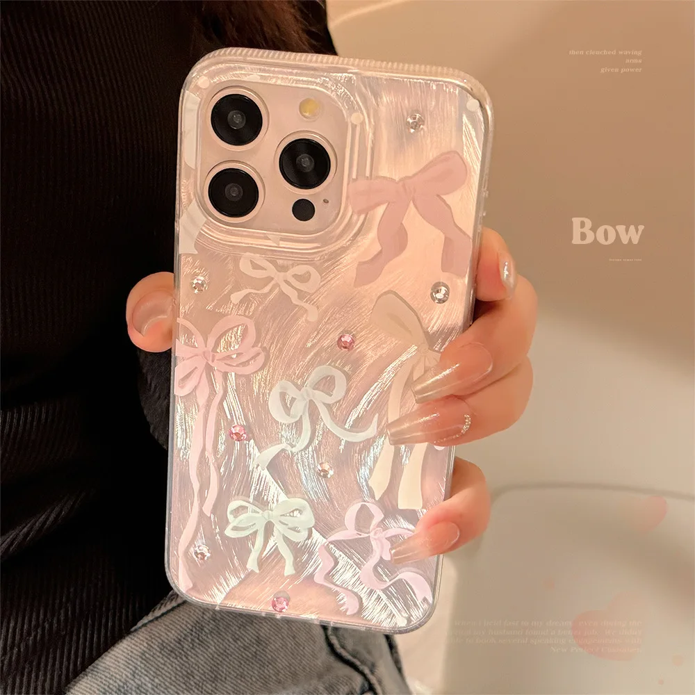 Cute colorful bow blingbling shiny cover for iphone 11 12 promax 14 plus 15 13 16 pro max plus butterfly phone case conque