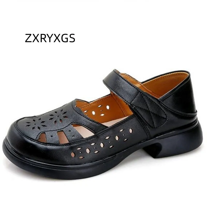 

ZXRYXGS Promotion Round Toe Summer Women Sandals 2024 Summer Genuine Leather Hollow Breathable Comfortable Women's Shoes Sandals