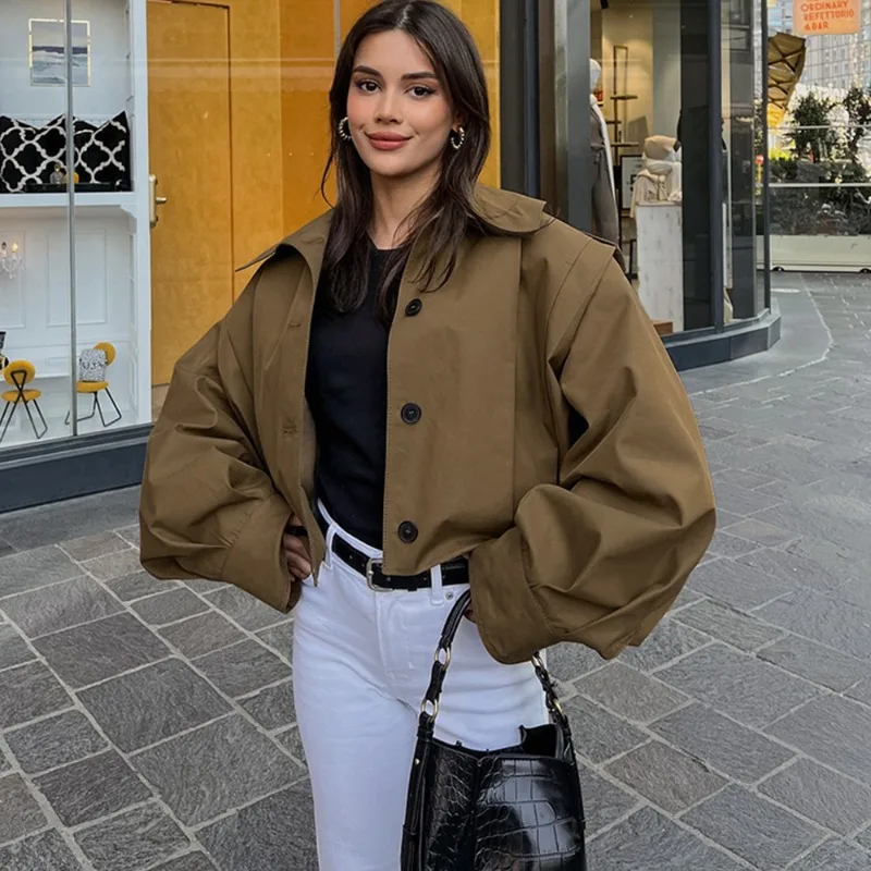 

Talenza Women Jackets Brown Pleated Jacket Spring Autumn 2025 Cropped Bomber Button Long Sleeve Coats Outerwears Aviator Jackets